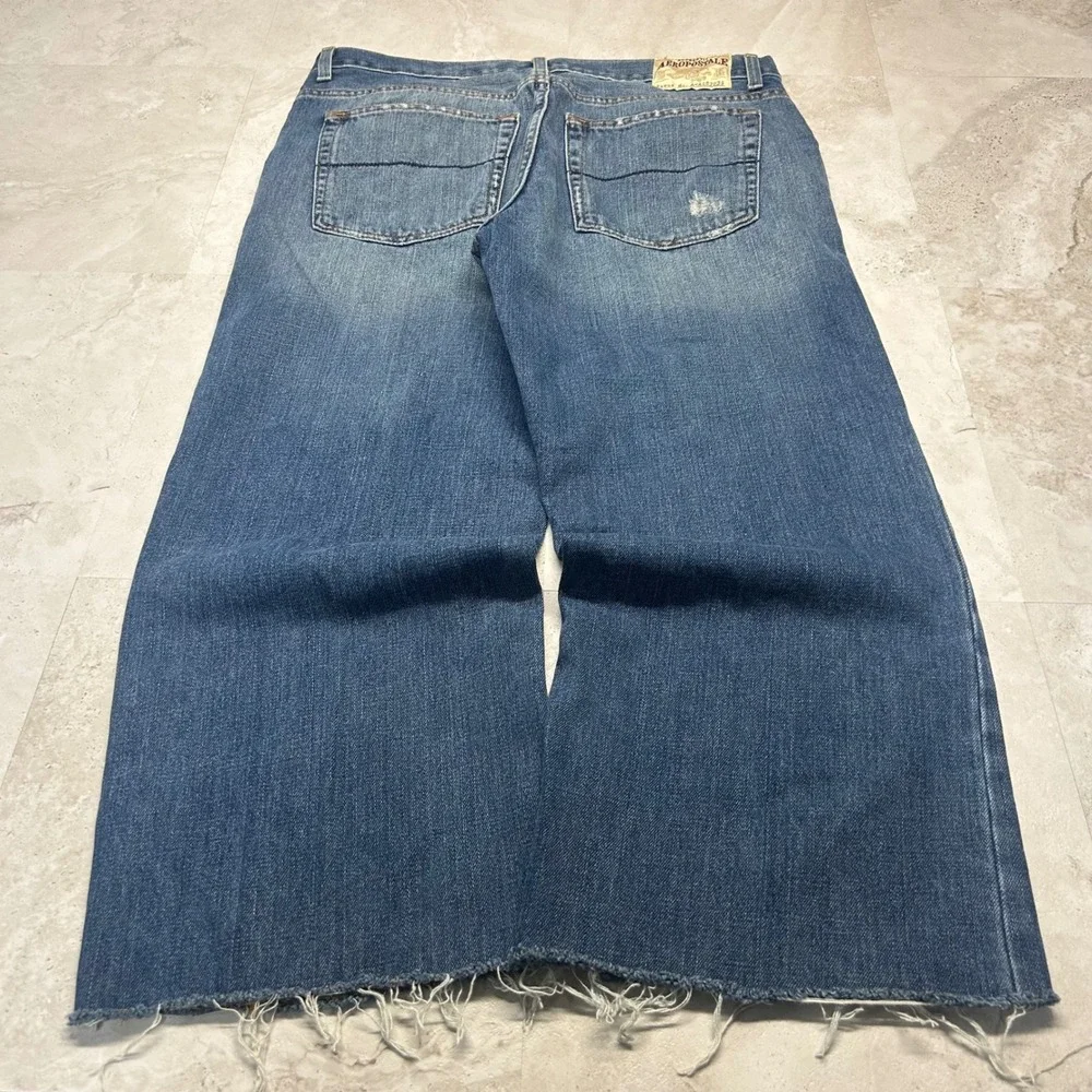 Aeropostale Vintage Bootcut Jeans Blue Mens 34 Custom Cropped Capri Raw Hem Y2K